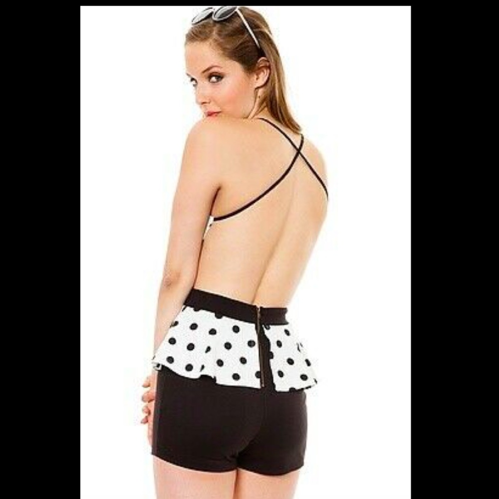 NEW  Polka dot Black White Betty Boop peplum OPEN BACK SEXY romper shorts  M